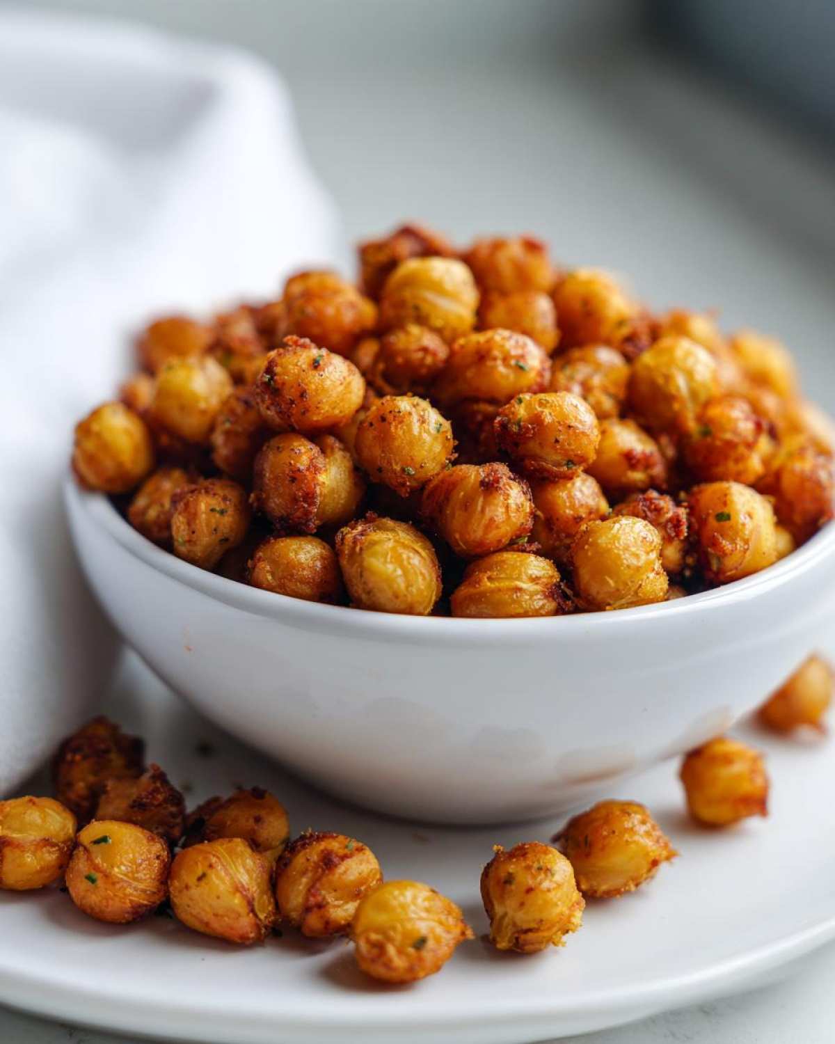 A white bowl overflowing with golden brown, seasoned Crunchy Air Fryer Ranch Chickpeas, with some scattered on the plate below.