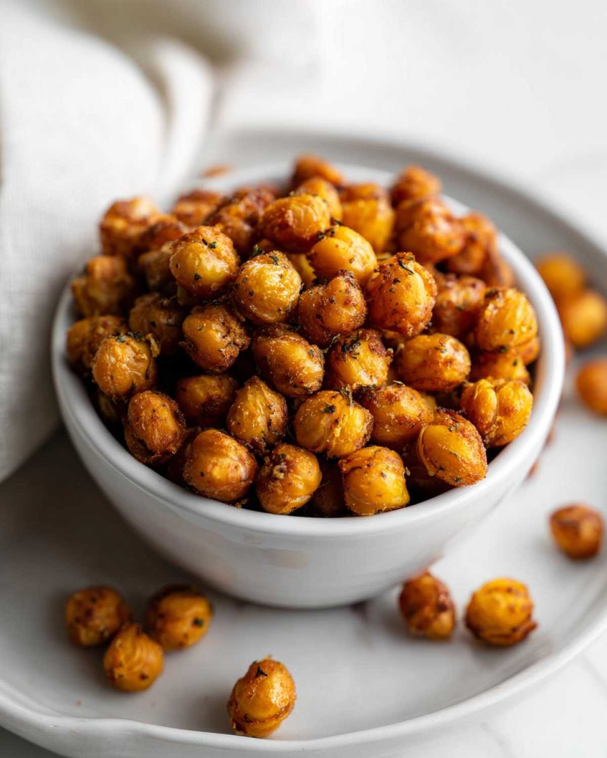 Close-up of a white bowl filled with golden brown, seasoned Crunchy Air Fryer Ranch Chickpeas.