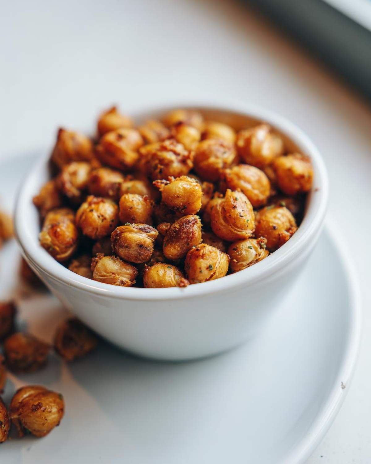 A small white bowl filled with golden brown, seasoned Crunchy Air Fryer Ranch Chickpeas.