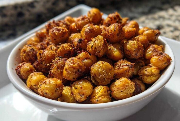 A close-up of a white bowl filled with golden, seasoned Crunchy Air Fryer Ranch Chickpeas.