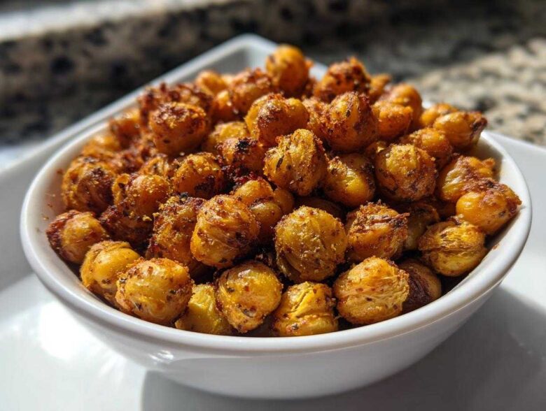 A close-up of a white bowl filled with golden, seasoned Crunchy Air Fryer Ranch Chickpeas.