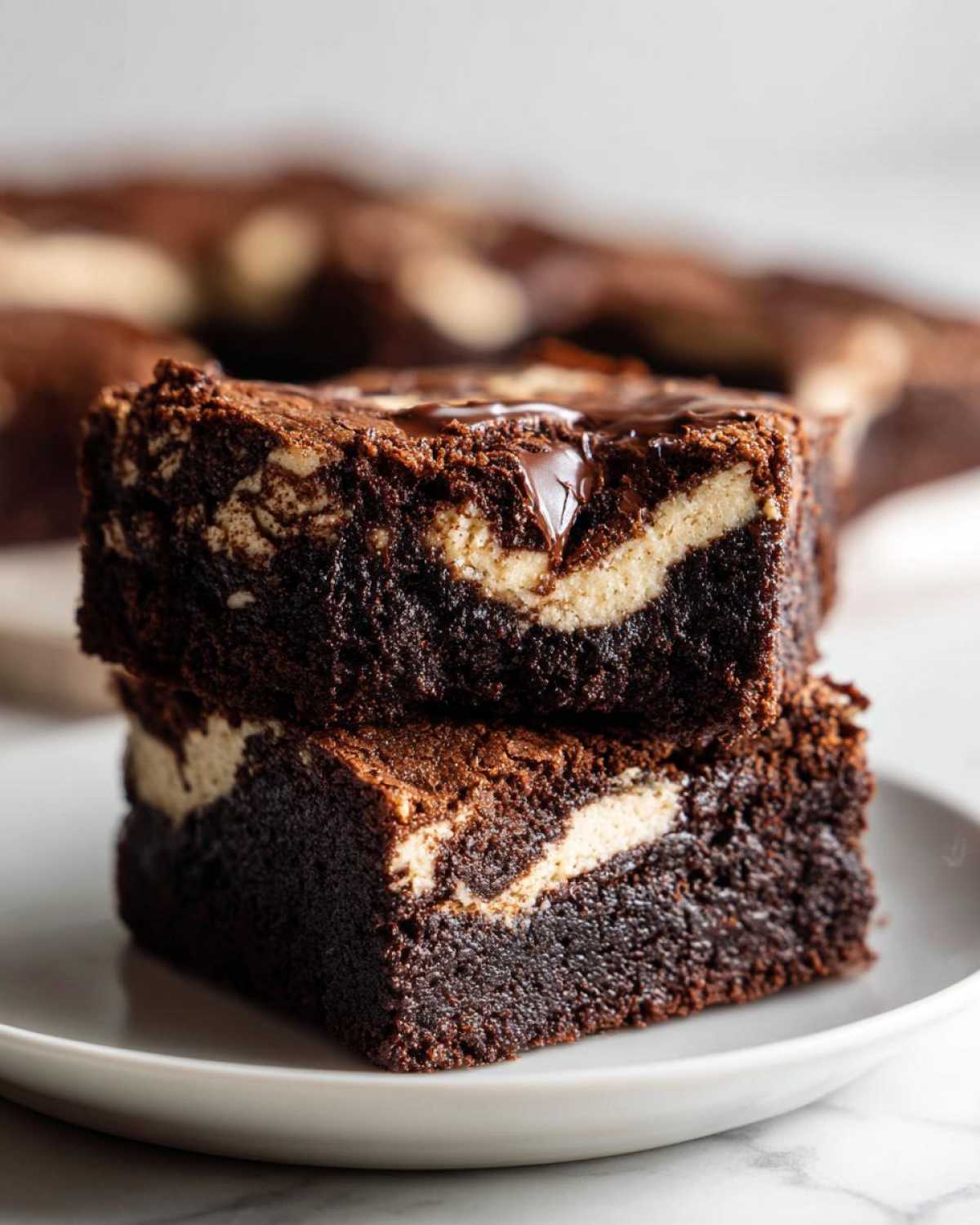 Two stacked, fudgy Dark Chocolate Tahini Brownies showing a creamy tahini swirl inside.