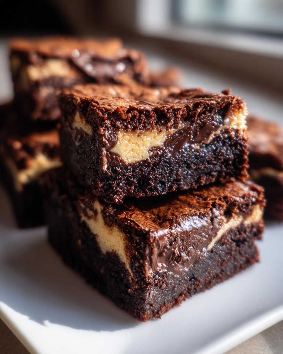 Two stacked squares of fudgy Dark Chocolate Tahini Brownies showing a creamy swirl inside, resting on a white plate.