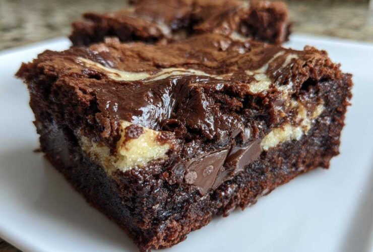 Close-up of a moist Dark Chocolate Tahini Brownies square with a visible tahini swirl and melted chocolate chunks.