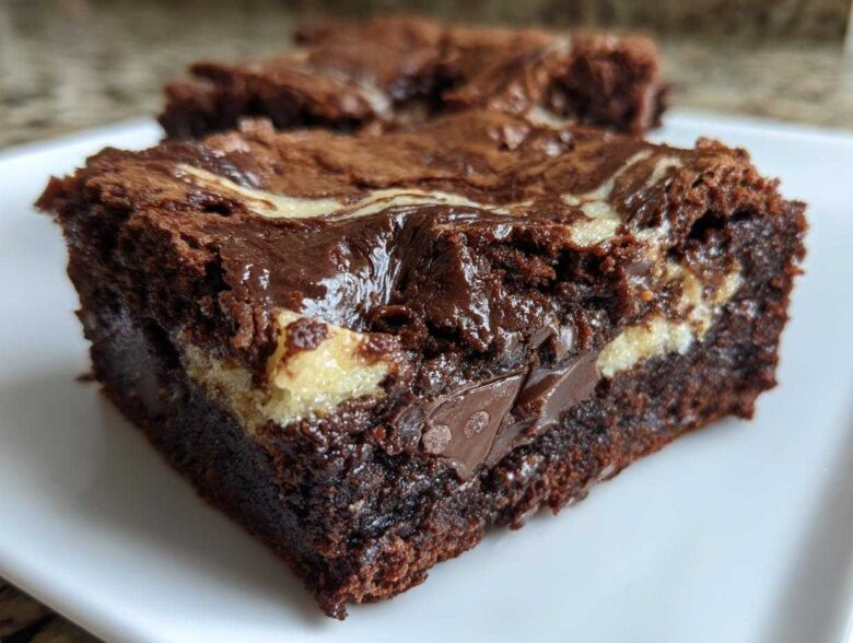Close-up of a moist Dark Chocolate Tahini Brownies square with a visible tahini swirl and melted chocolate chunks.