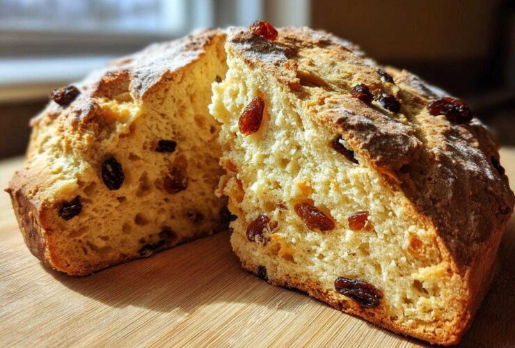 A golden-brown loaf of Easy Irish Soda Bread with Buttermilk and Raisins, cut in half to show the soft interior dotted with raisins.