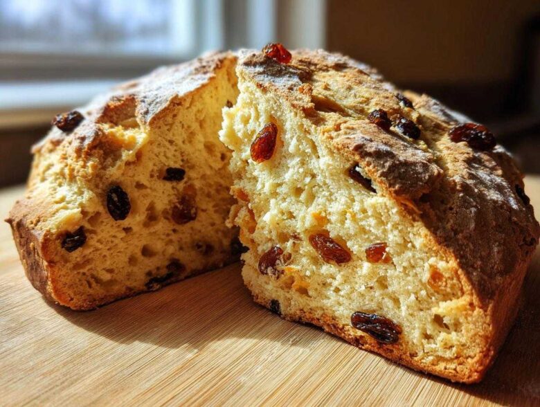 A golden-brown loaf of Easy Irish Soda Bread with Buttermilk and Raisins, cut in half to show the soft interior dotted with raisins.