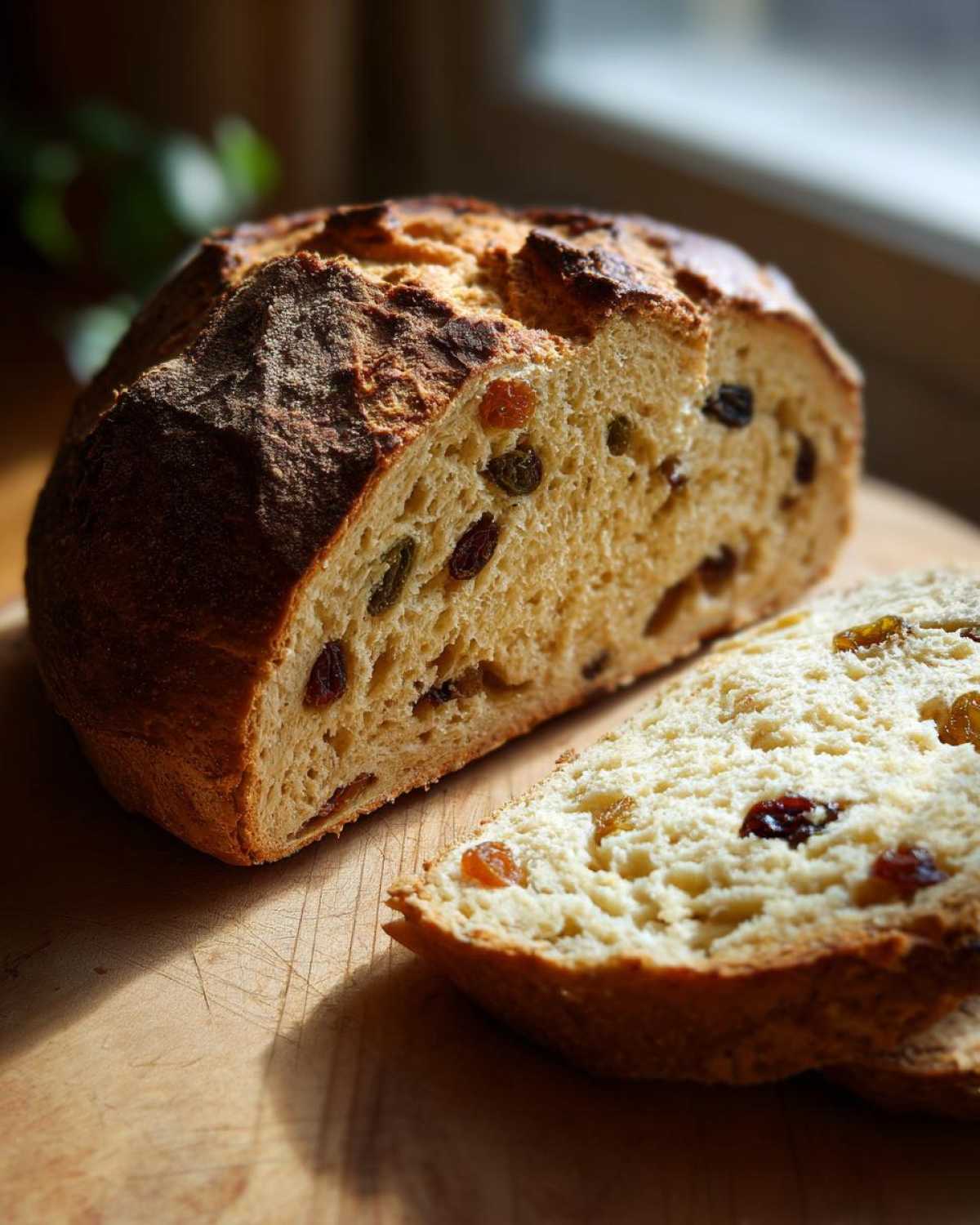 A loaf of Easy Irish Soda Bread with Buttermilk and Raisins, sliced open on a wooden board.
