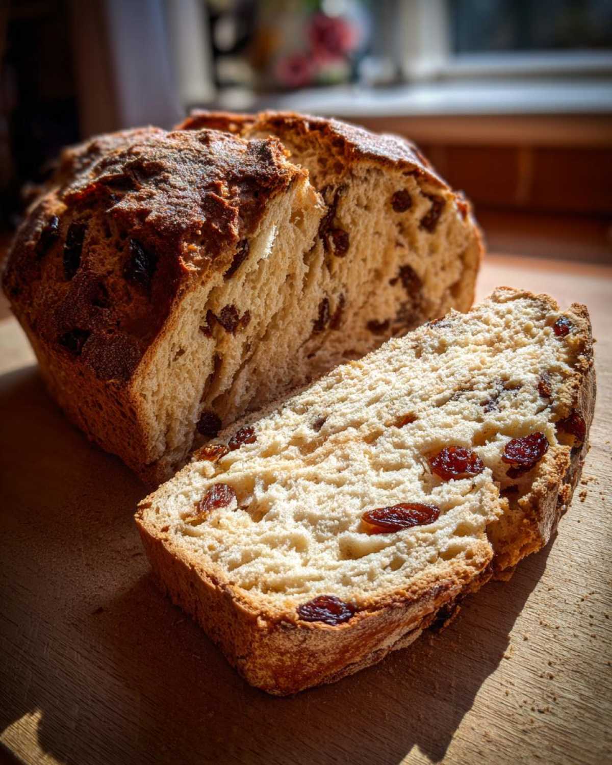 A loaf of Easy Irish Soda Bread with Buttermilk and Raisins, sliced open to show the crumb texture and dried fruit.
