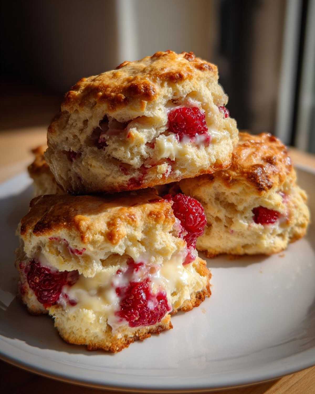Close-up of flaky White Chocolate Raspberry Scones, split open to show melted white chocolate and fresh raspberries inside.