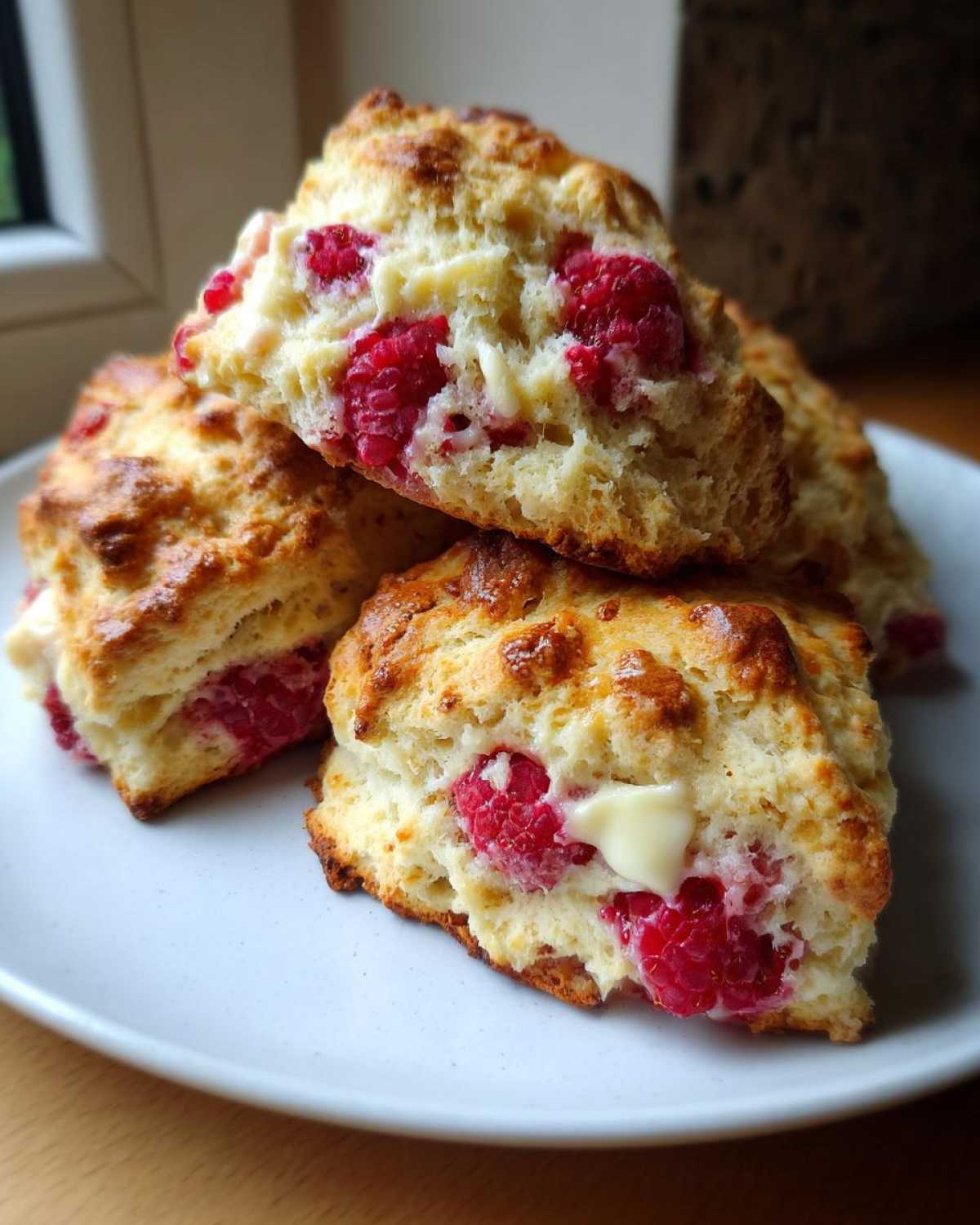 Close-up of flaky White Chocolate Raspberry Scones stacked on a light blue plate, showing melted white chocolate chunks and bright red raspberries.