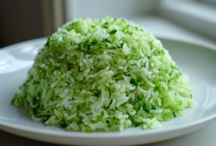 A mound of fluffy, bright green Cilantro Lime Rice served on a white plate.