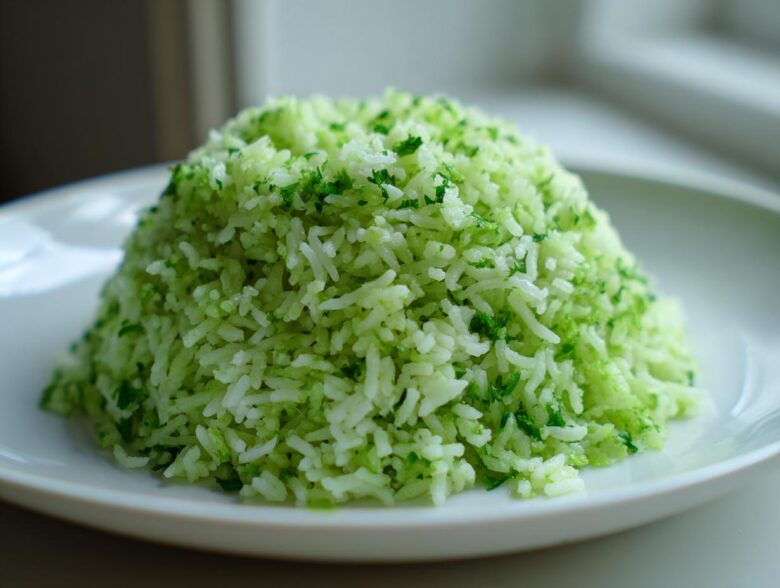 A mound of fluffy, bright green Cilantro Lime Rice served on a white plate.