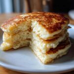 Close-up of a stack of fluffy Gluten-Free Buttermilk Pancakes with a piece cut out, showing the soft interior and golden-brown tops.