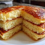 Close-up of a stack of three fluffy Gluten-Free Buttermilk Pancakes, cut open to show the texture and drizzled with syrup.