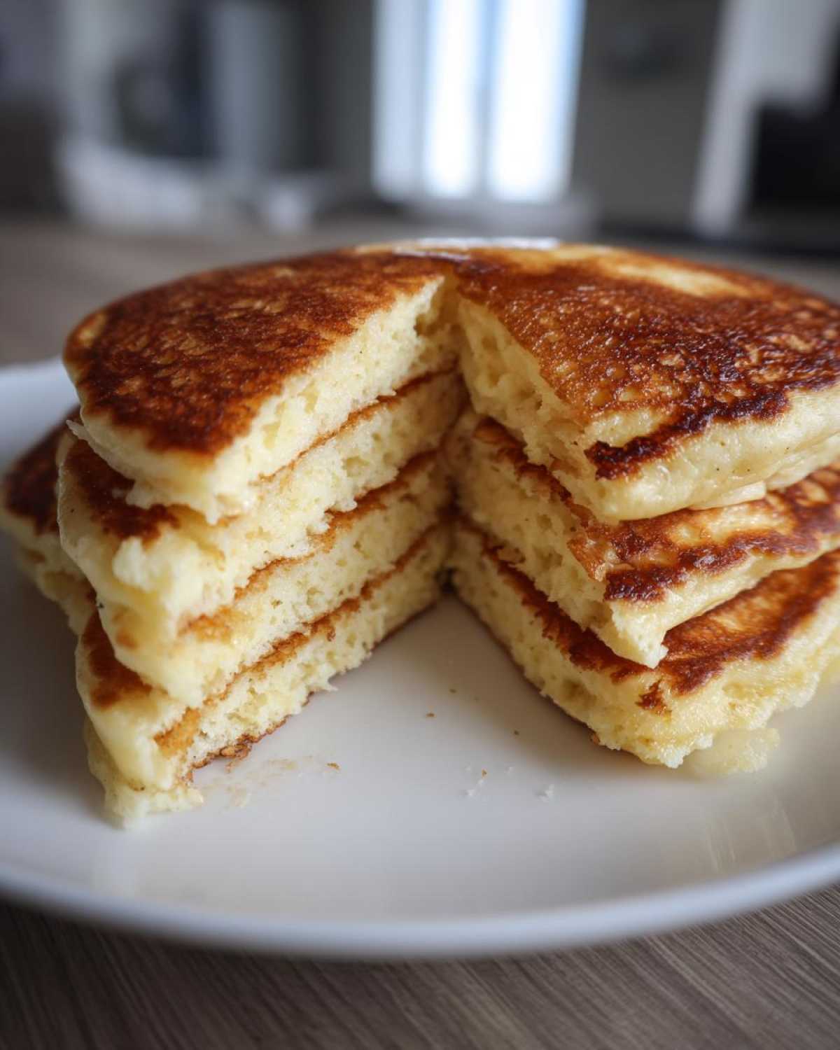 Close-up of a stack of fluffy Gluten-Free Buttermilk Pancakes, cut to show the light, airy interior texture.