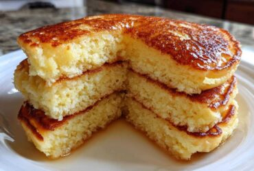 Close-up of a stack of three fluffy Gluten-Free Buttermilk Pancakes, cut open to show the texture and drizzled with syrup.