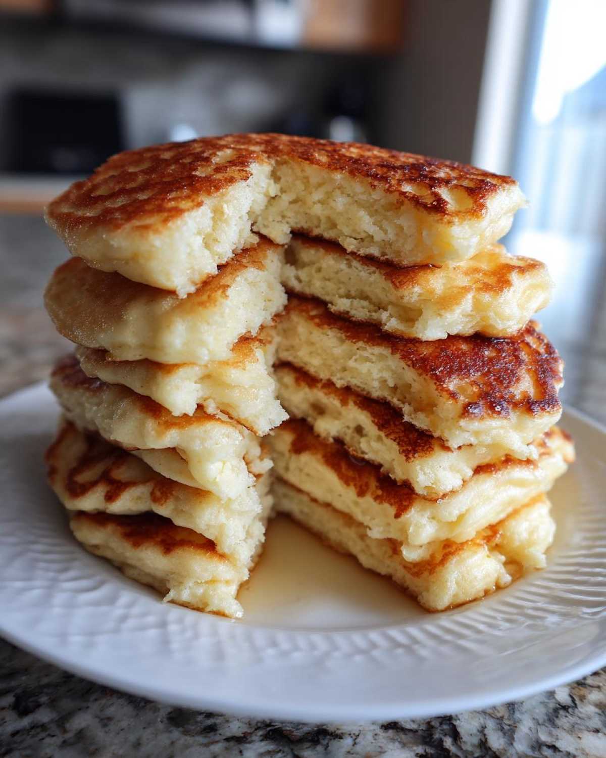 A tall stack of fluffy Gluten-Free Buttermilk Pancakes with a slice removed to show the airy interior, drizzled with syrup.