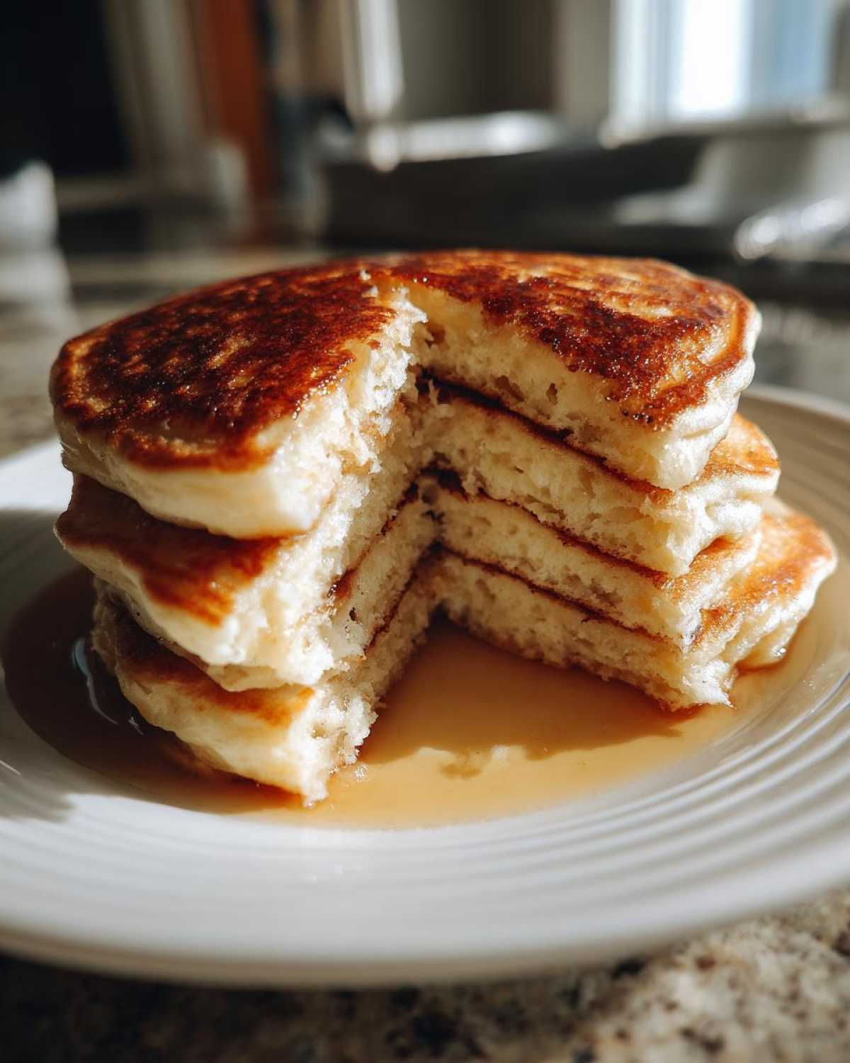 Close-up of a stack of fluffy Gluten-Free Buttermilk Pancakes with a slice cut out, drizzled with maple syrup.
