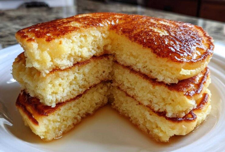 Close-up of a stack of three fluffy Gluten-Free Buttermilk Pancakes, cut open to show the texture and drizzled with syrup.