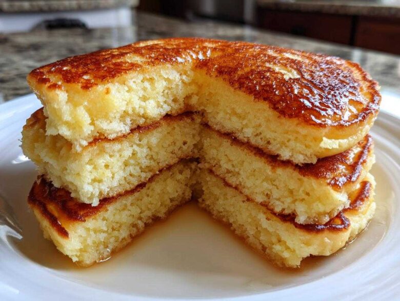 Close-up of a stack of three fluffy Gluten-Free Buttermilk Pancakes, cut open to show the texture and drizzled with syrup.