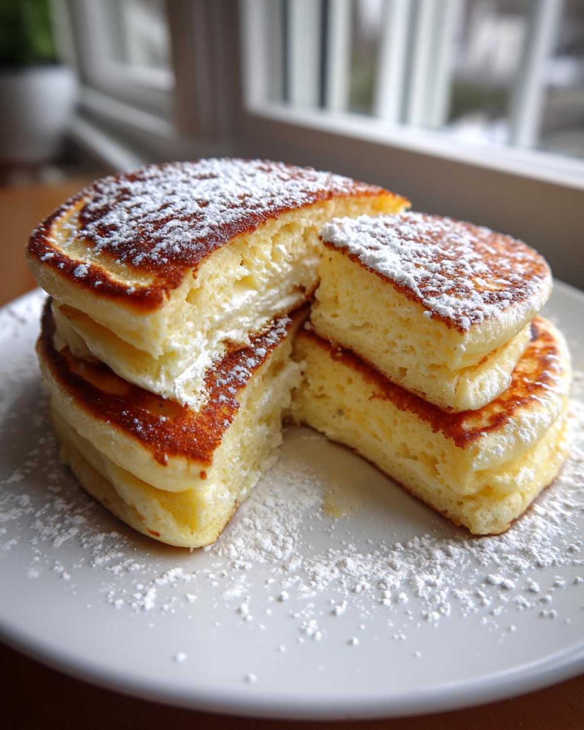 Stack of incredibly fluffy Lemon Ricotta Pancakes cut open, dusted heavily with powdered sugar.