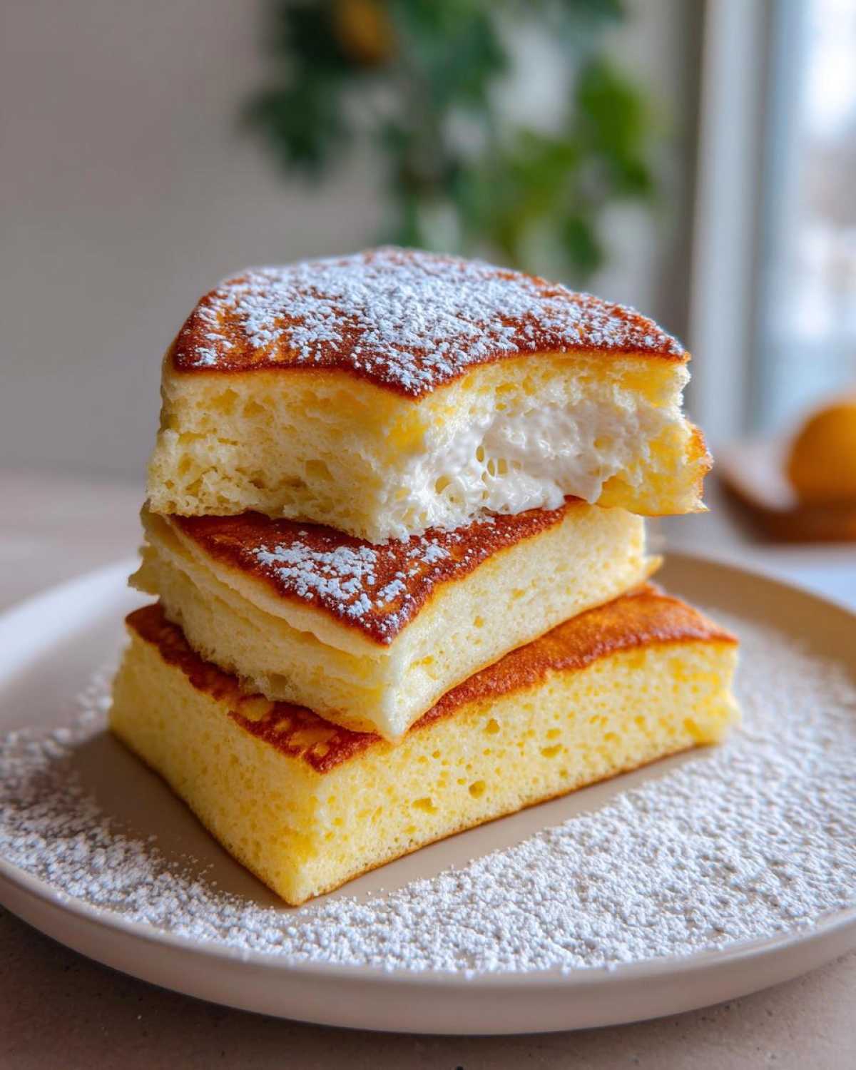 A stack of three thick, fluffy lemon ricotta pancakes dusted with powdered sugar.