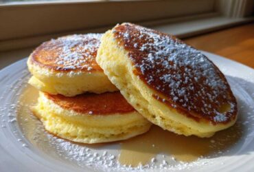 A stack of three incredibly fluffy lemon ricotta pancakes dusted heavily with powdered sugar.