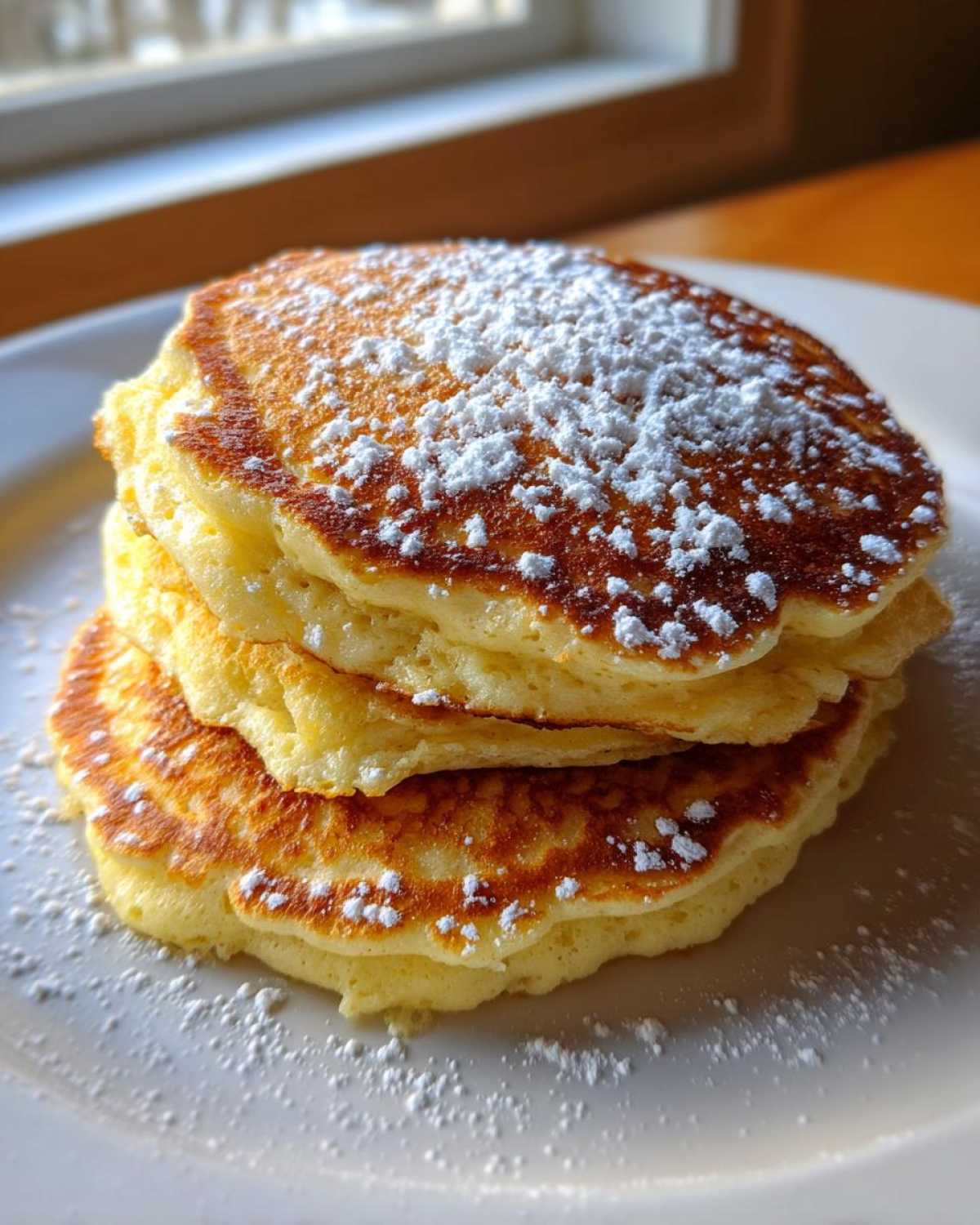 Close-up of a stack of three Fluffy Lemon Ricotta Pancakes dusted generously with powdered sugar.