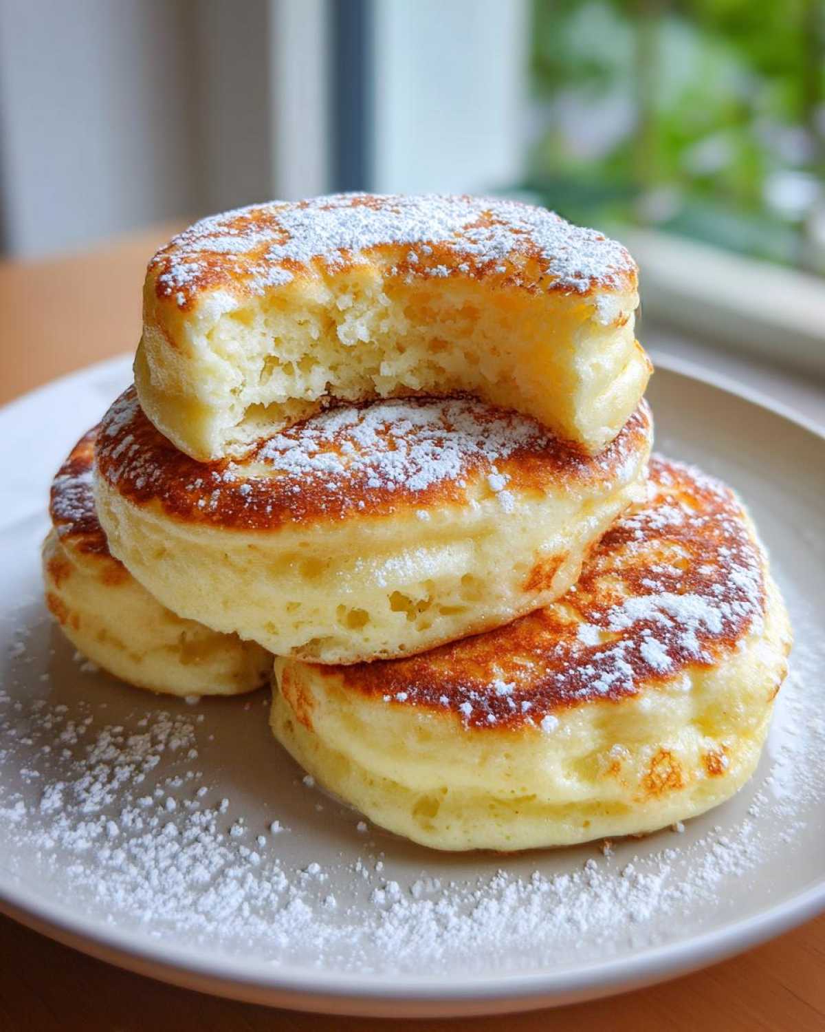 A stack of three incredibly fluffy Lemon Ricotta Pancakes dusted generously with powdered sugar, one pancake has a bite taken out.