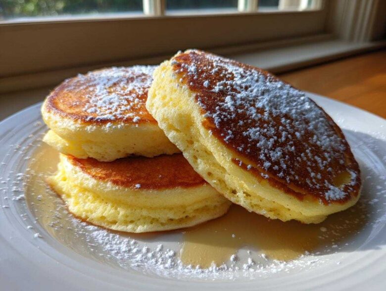A stack of three incredibly fluffy lemon ricotta pancakes dusted heavily with powdered sugar.