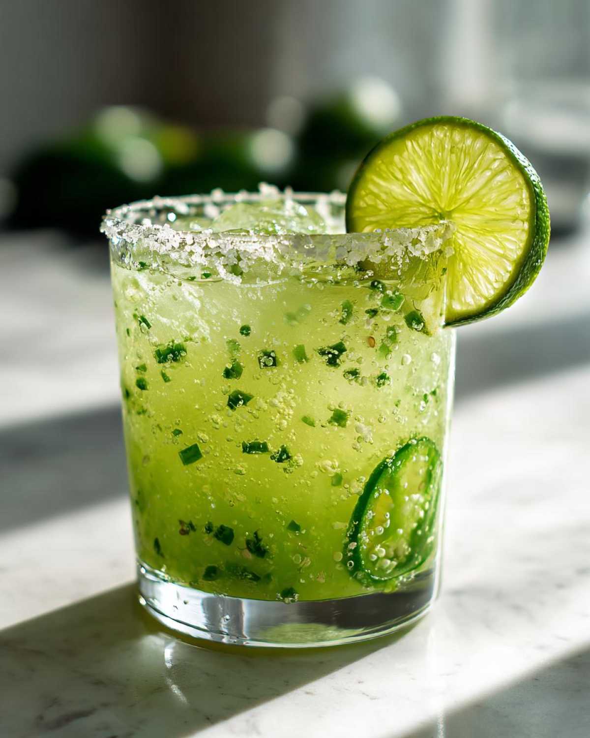 Close-up of a Fresh Jalapeño Lime Margarita with finely chopped jalapeño, ice, and a salt rim.