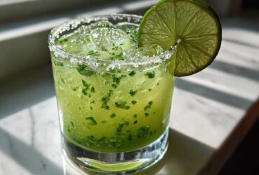 A bright green Fresh Jalapeño Lime Margarita in a rocks glass with a salt rim and lime wheel garnish.