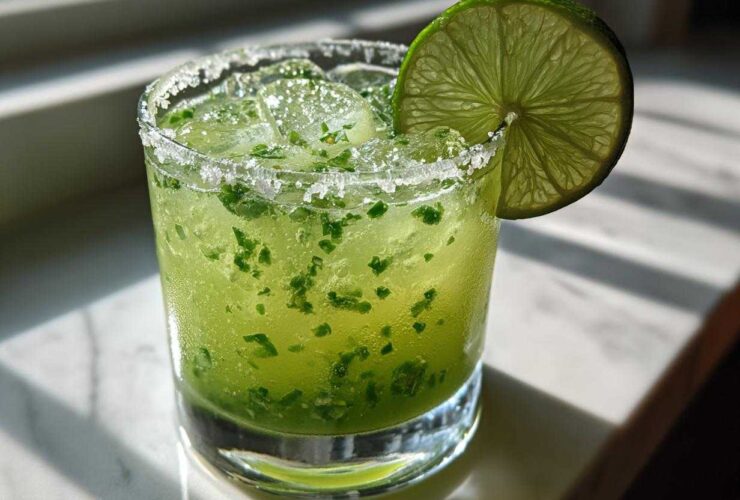 A bright green Fresh Jalapeño Lime Margarita in a rocks glass with a salt rim and lime wheel garnish.