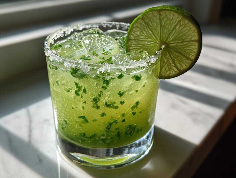 A bright green Fresh Jalapeño Lime Margarita in a rocks glass with a salt rim and lime wheel garnish.