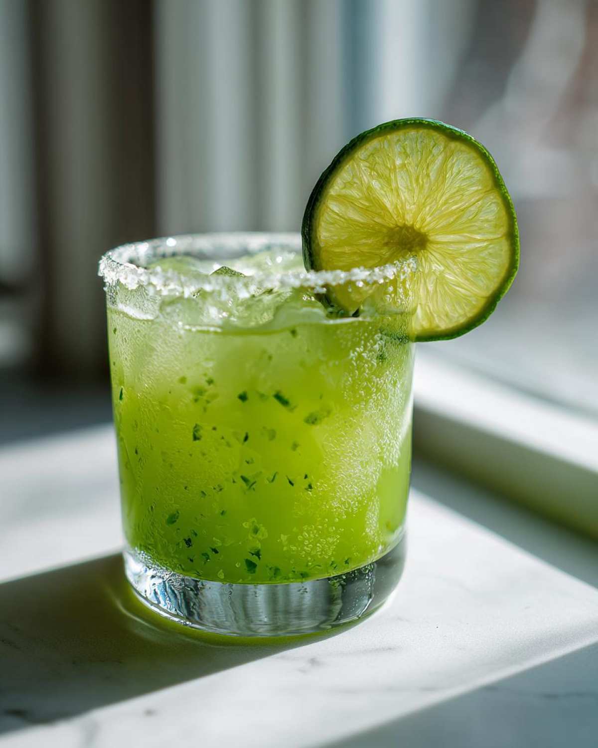 A vibrant green Fresh Jalapeño Lime Margarita served on the rocks in a glass with a salt rim and lime wheel garnish.