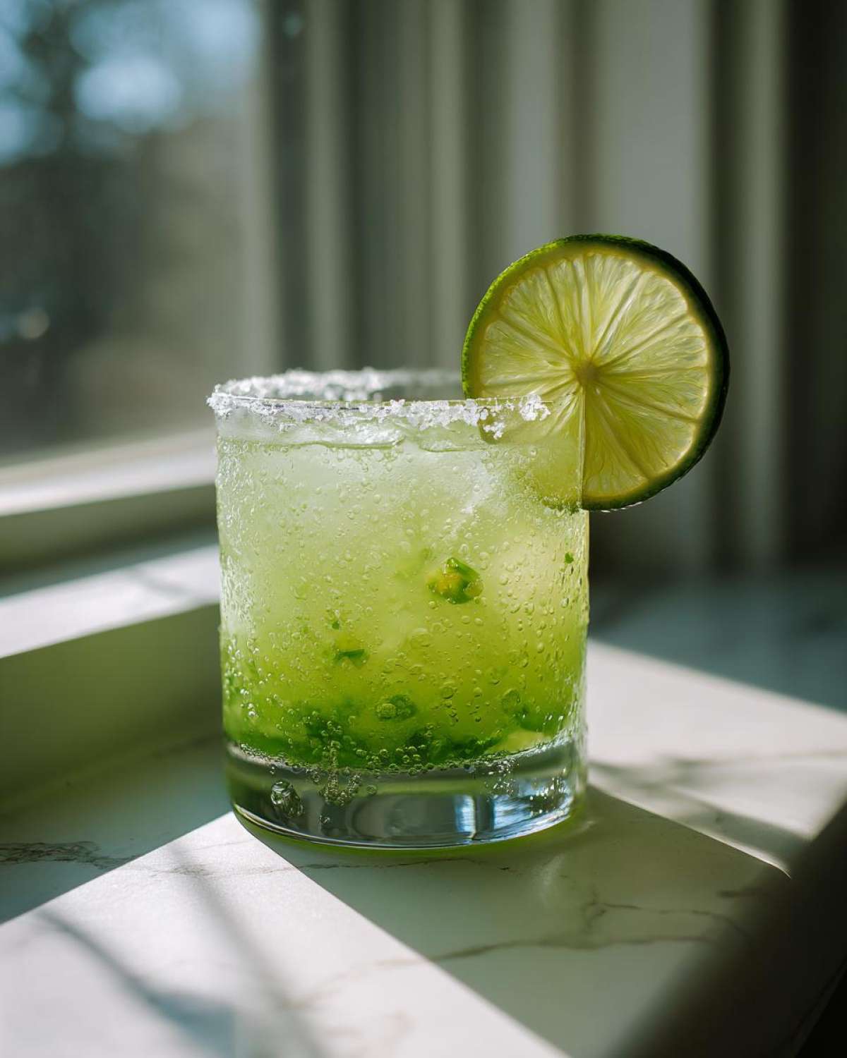 A chilled glass containing a vibrant Fresh Jalapeño Lime Margarita, garnished with a lime wheel and salt rim.
