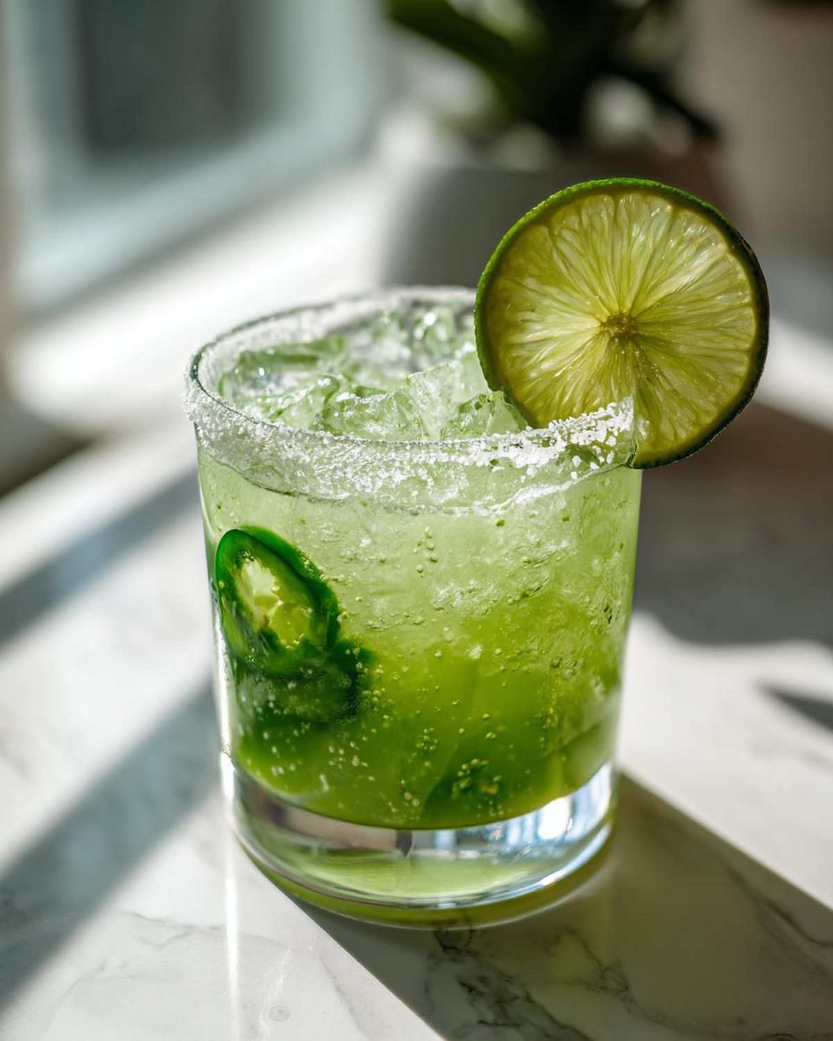 A vibrant green Fresh Jalapeño Lime Margarita served over ice with a salt rim and lime wheel garnish.