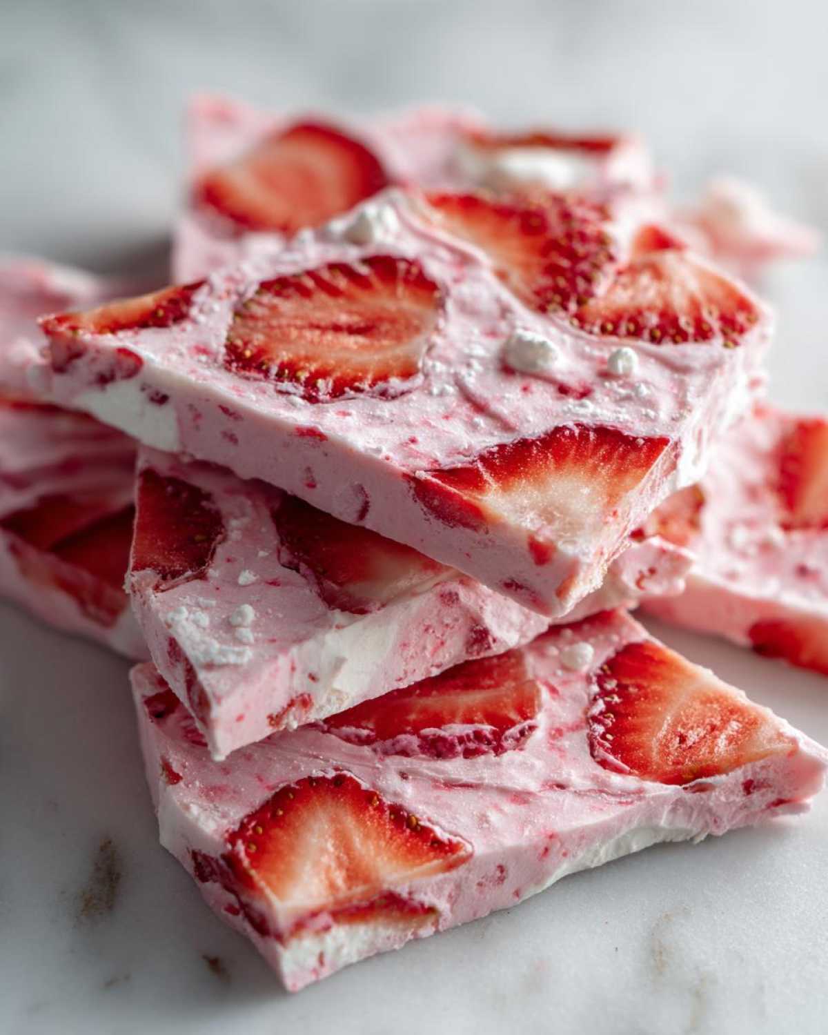 Close-up of stacked pieces of Frozen Strawberry Yogurt Bark studded with sliced fresh strawberries.