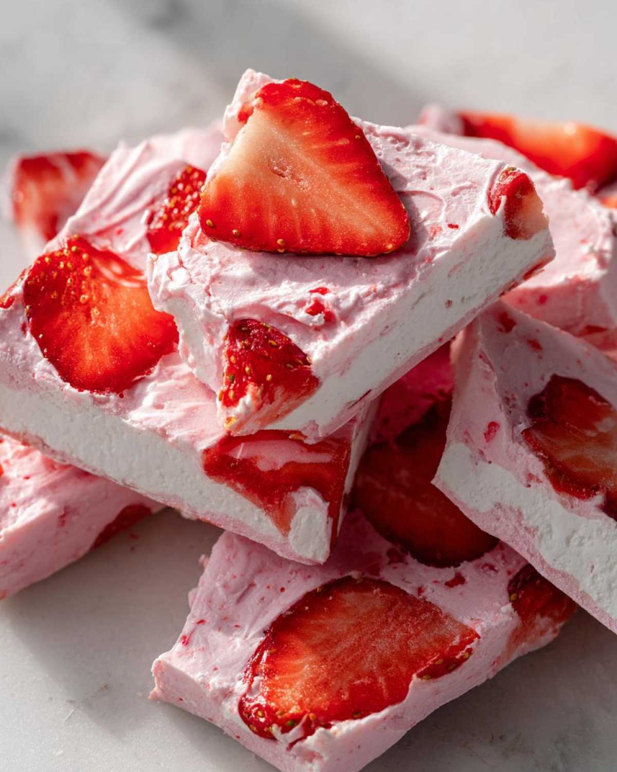 Close-up of stacked, broken pieces of pink Frozen Strawberry Yogurt Bark topped with fresh strawberry slices.