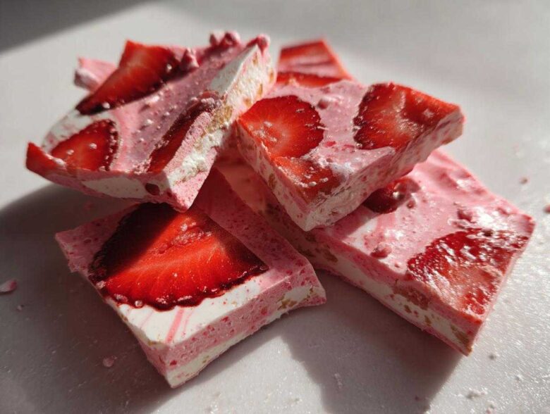 Close-up of broken pieces of Frozen Strawberry Yogurt Bark, showing layers of pink yogurt and fresh strawberry slices.