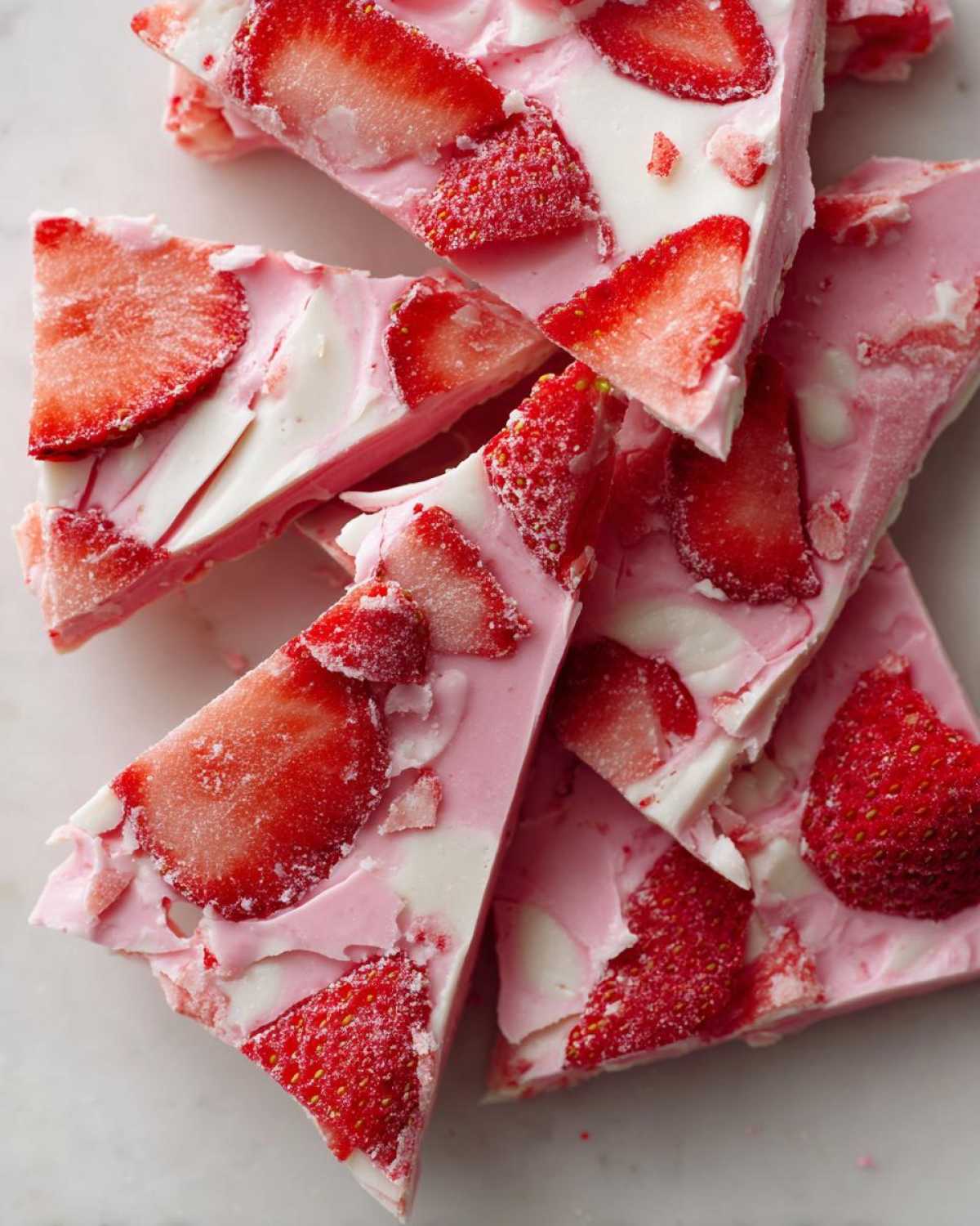 Close-up of broken pieces of Frozen Strawberry Yogurt Bark, showing pink and white swirls topped with frozen strawberry slices.