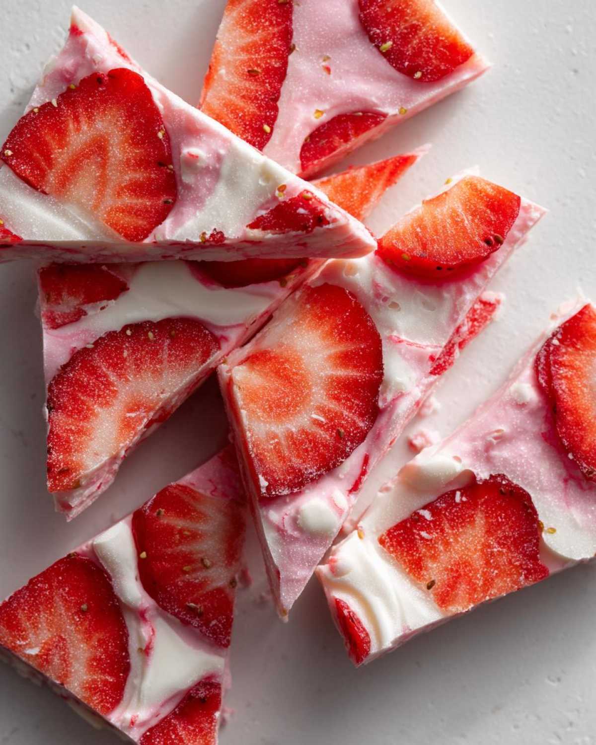 Close-up overhead shot of several triangular pieces of Frozen Strawberry Yogurt Bark topped with bright red strawberry slices.