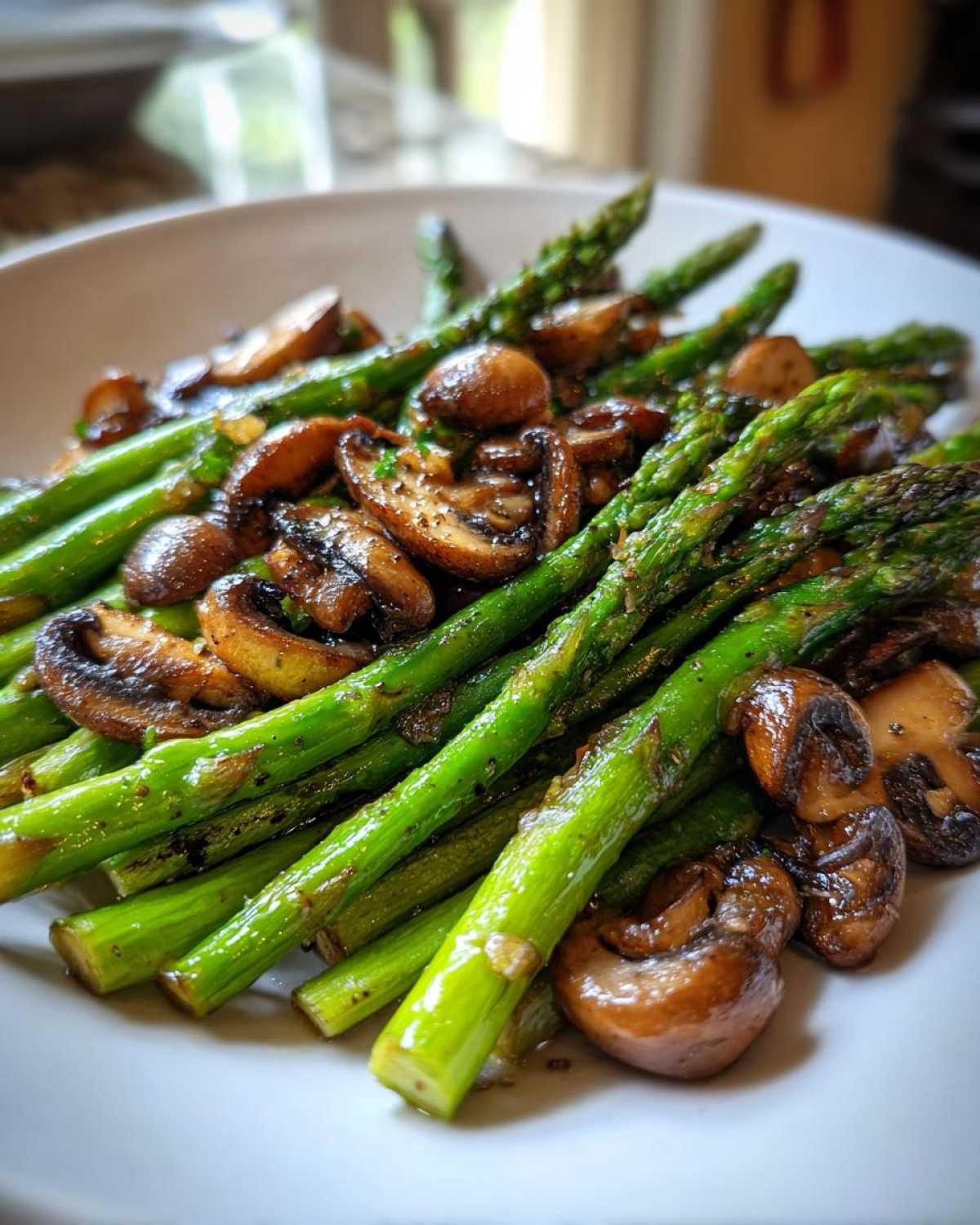Close-up of vibrant green Garlic Butter Roasted Asparagus and Mushrooms served on a white plate.