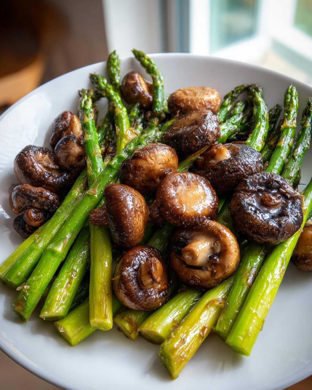 A white bowl filled with vibrant green asparagus spears and glossy, browned mushrooms, showcasing Garlic Butter Roasted Asparagus and Mushrooms.