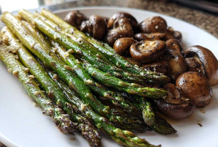 A plate featuring vibrant green Garlic Butter Roasted Asparagus and browned, savory roasted mushrooms.