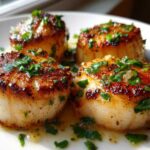 Four golden-brown seared scallops topped with fresh parsley, resting in garlic butter sauce.