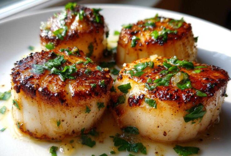 Four golden-brown seared scallops topped with fresh parsley, resting in garlic butter sauce.