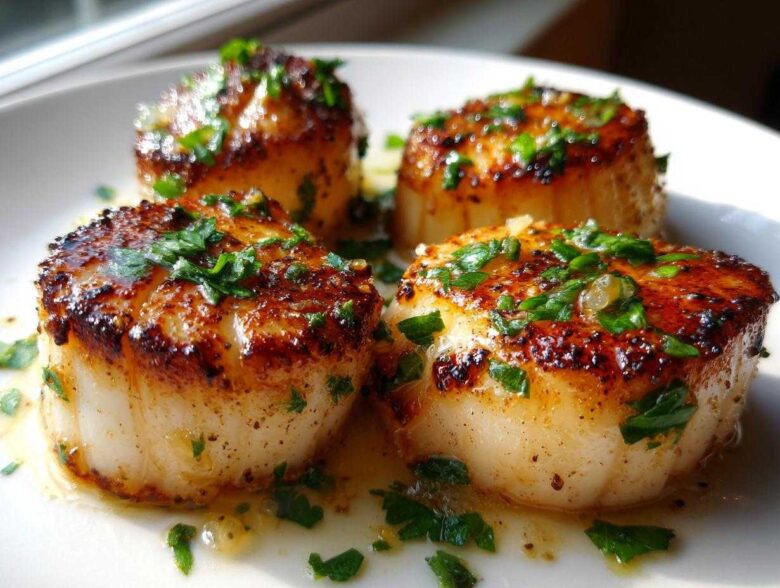 Four golden-brown seared scallops topped with fresh parsley, resting in garlic butter sauce.