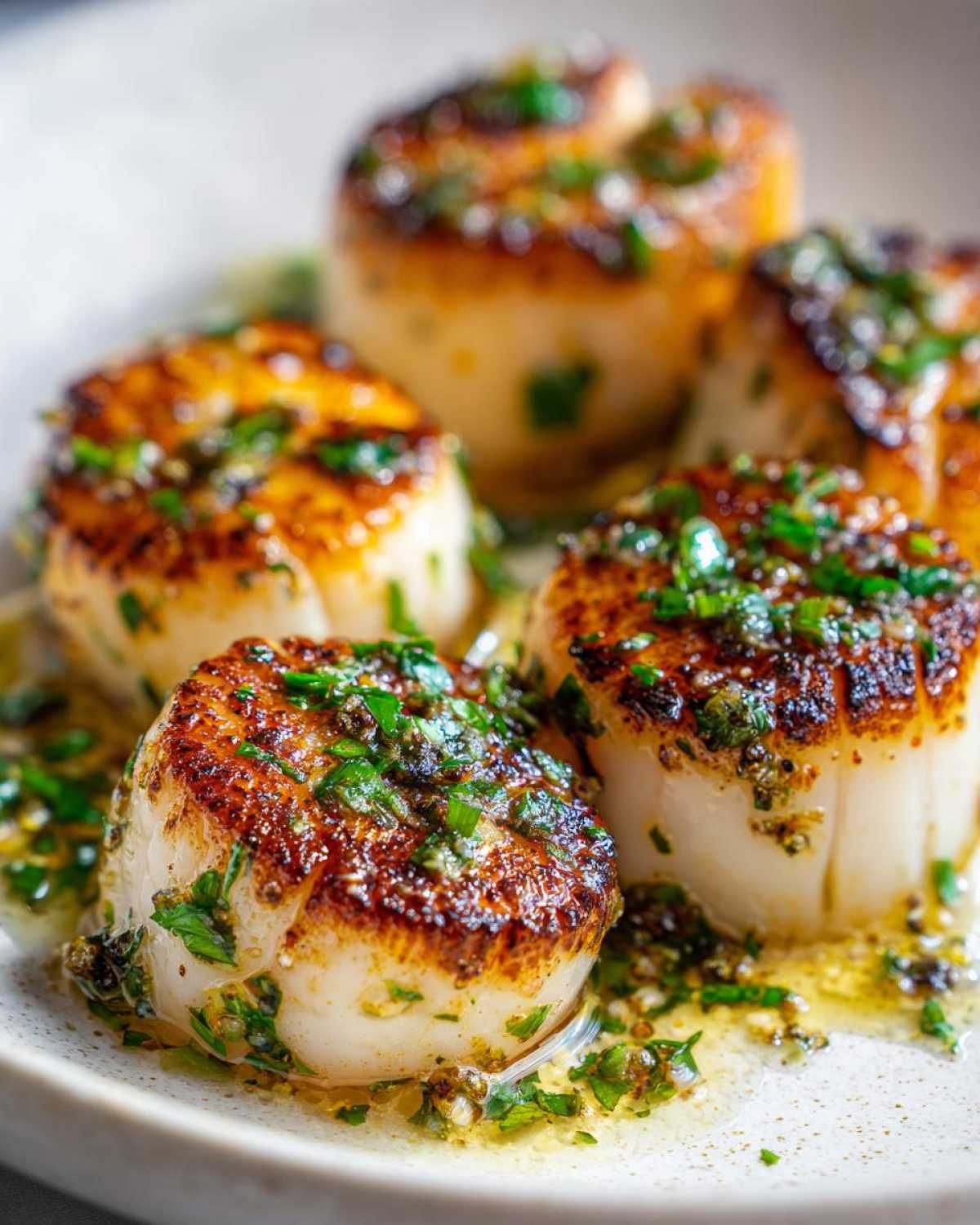 Close-up of perfectly seared Garlic Butter Scallops with Lemon, topped with fresh parsley and butter sauce.